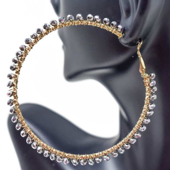 Thin Wired Hematite Gray Crystal Beads Earrings - Picture 10 of 12